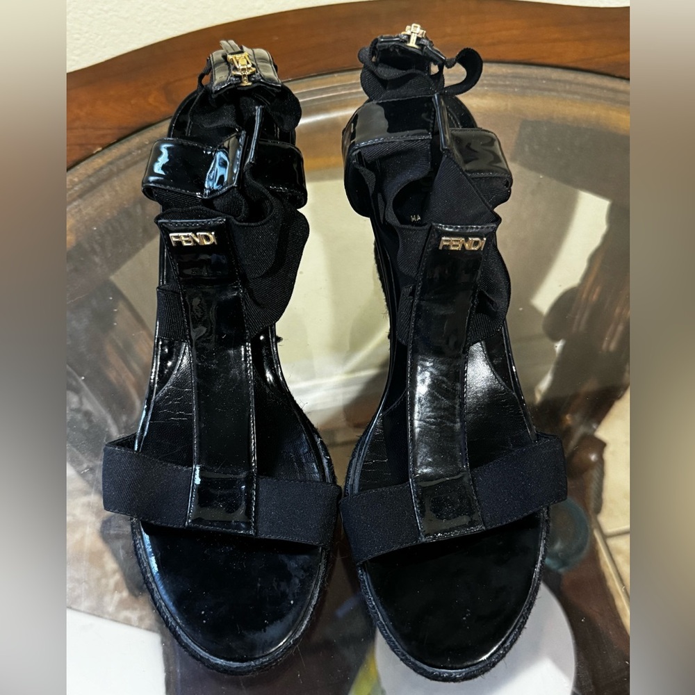 Fendi Black Patent Leather And Elastic T-Strap Espadrille Wedge Sandals Size 40